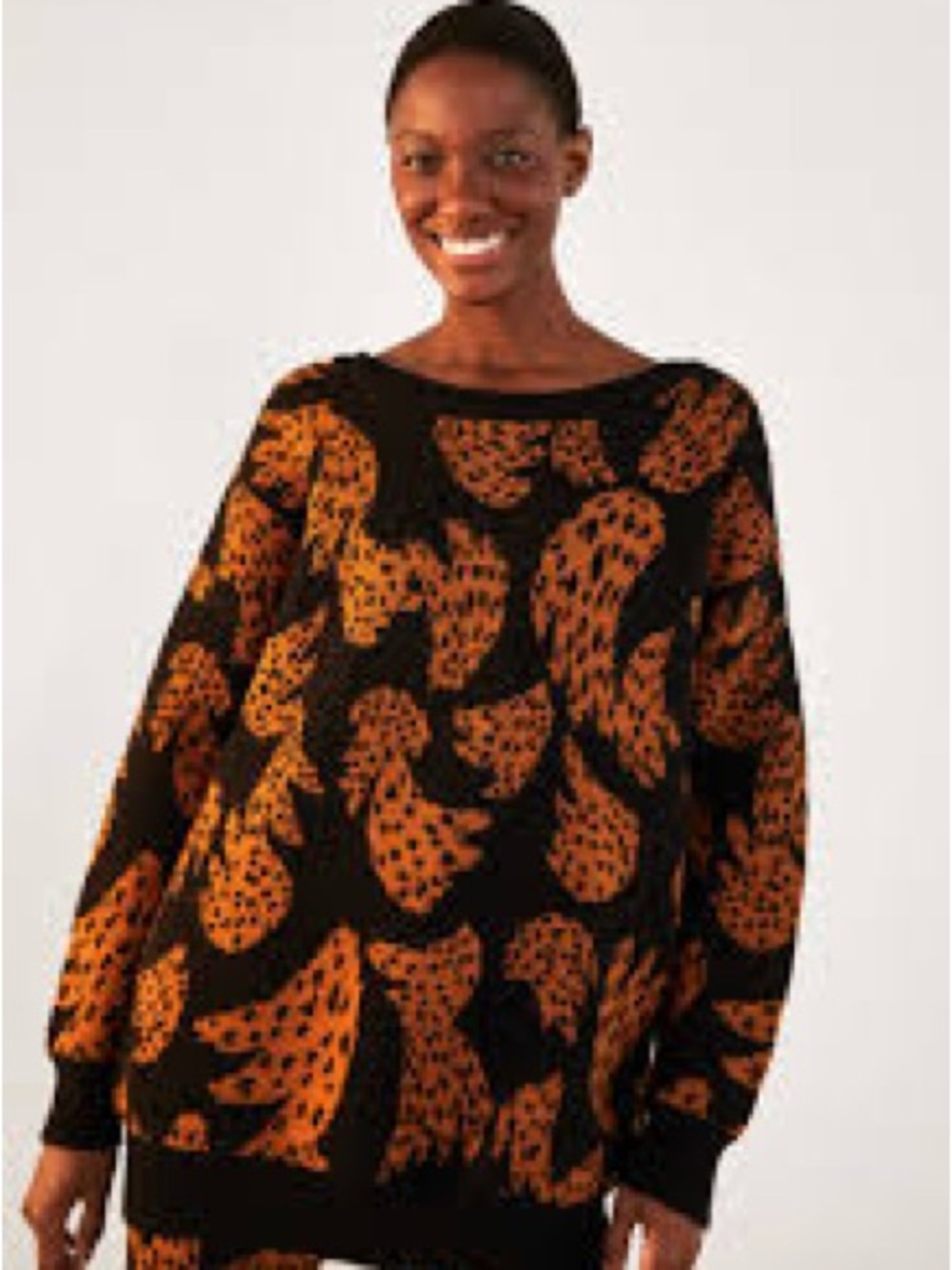 FARM Rio Black Crewneck Sweater with Orange Abstract Animal Print